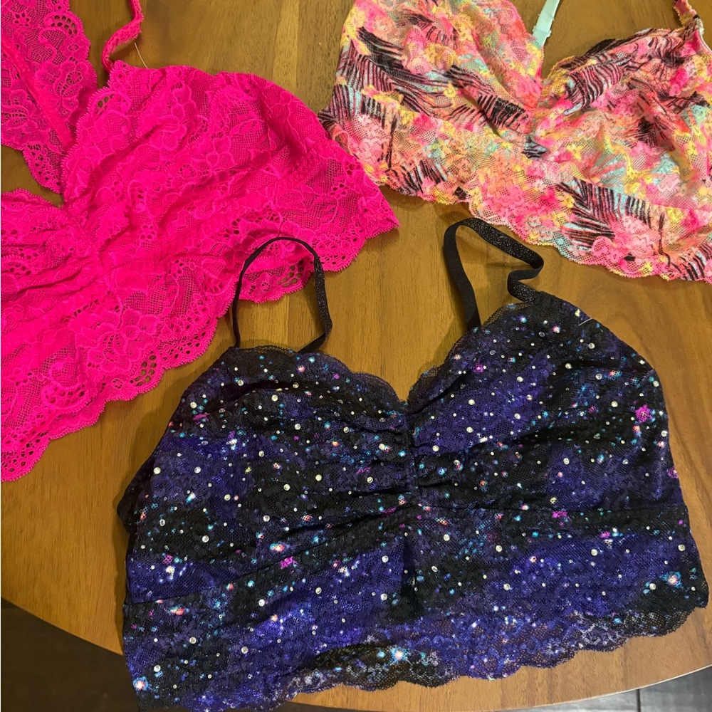 PINK Victoria's Secret Lace Bralettes Set of 3 - Hot Pink, Floral Palm, Galaxy